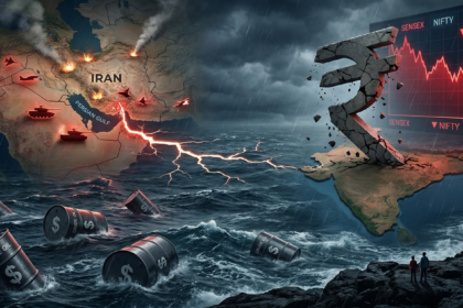 Dramatic visualization of Iran-Israel war impact on Indian Rupee (₹)