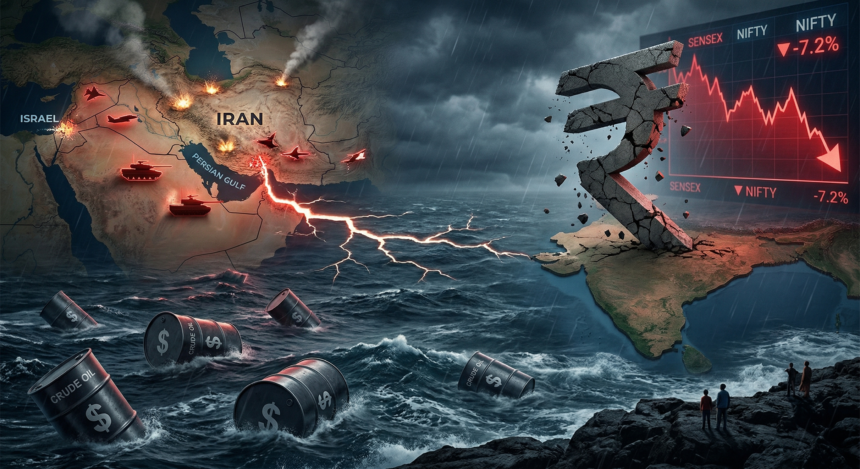 Dramatic visualization of Iran-Israel war impact on Indian Rupee (₹)