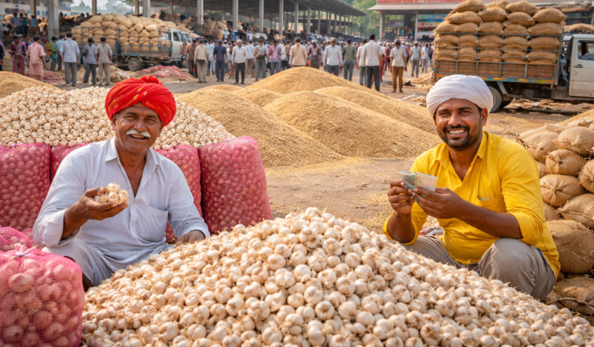 Harnawada Jagir Mandi में लहसुन के बढ़ते भाव और गेहूं की आवक