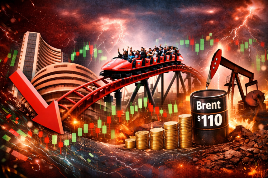 Indian stock market volatility with Nifty falling to 22719 and recovering amid rising Brent crude prices