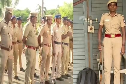 Chennai में काउंटिंग सेंटर के बाहर तैनात सशस्त्र पुलिस